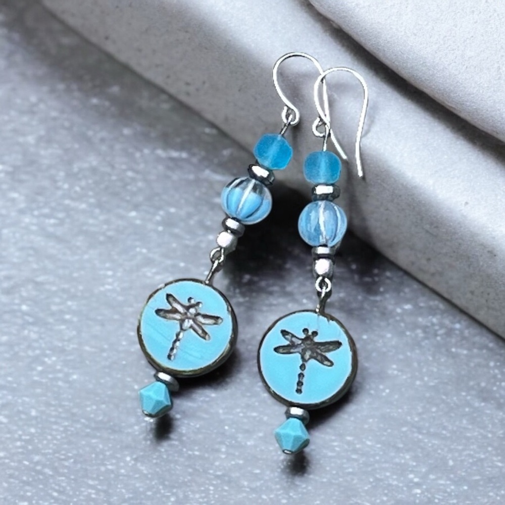 Handcrafted blue dragonfly Czech glass dangly earrings - Picture 3 of 8